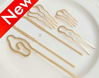 Wedding Bridal Hair Comb - Blank Barrette - Hair Fork Hair Picks Hair Accessories - 14K Gold Plated Over Brass Large Bun Holder (6 Styles)