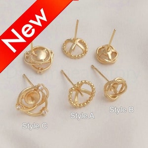 2-200 Pcs Half Drilled Pearl Earring Setting, 14K Real Gold Plated Blank Stud Earring Component Base with 925 Silver Pin