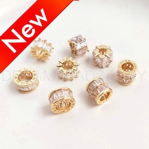 Large Hole Beads for Necklace Bracelet Making - 14K Gold Plated Brass and Clear CZ Rondelle Spacer Beads - Tube Connector (4 Styles)