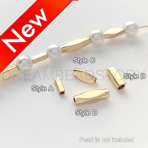 Könnte beinhalten: Vier Stile von goldfarbenen Metallperlenkappen für die Schmuckherstellung.  Stil A ist ein quadratisches Rohr, Stil B ist ein Quadrat, Stil C ist ein Oval und Stil D ist ein facettierter Schlauch.  Perle ist nicht enthalten.