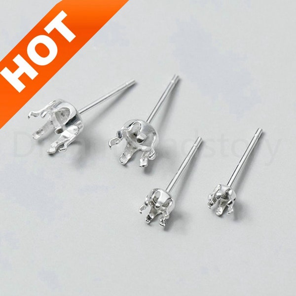 4-100Pc 925 Sterling Silber Runde 6 Prong Ohrring Einstellung Snap Tite Blank Ohrring Stud Post Basis Klaue Ohrring Post Component Fit3 / 4 / 5mm Bead