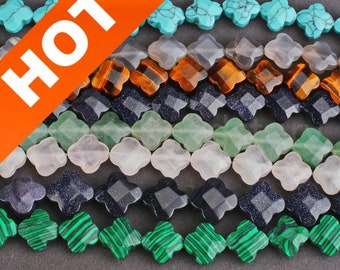 Cuentas de trébol de piedras preciosas naturales de cuarzo rosa, ojo de tigre, aventurina y jade amarillo, cuentas espaciadoras de flor de cuatro hojas facetadas para la fabricación de joyas.