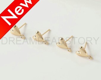 Hypoallergenic Heart Earring Post - 14K Real Gold/ White Gold Plated Brass Stud Component - DIY Jewelry Material (925 Silver Pin)