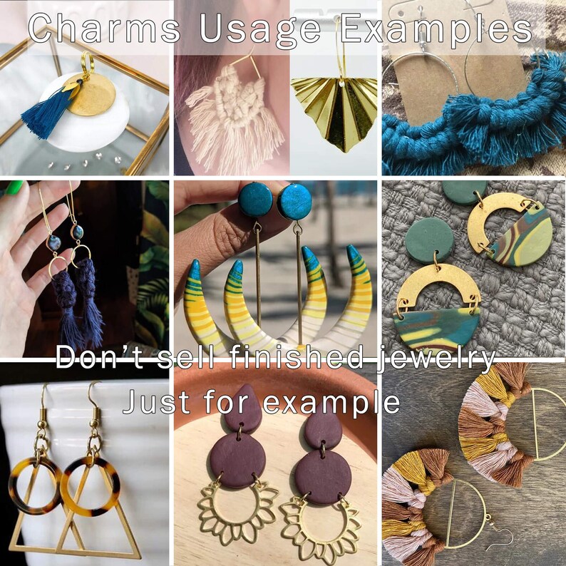 May include: A collage of images showing different ways to use jewelry charms. The images show charms used in earrings, necklaces, and bracelets. The text "Don't sell finished jewelry Just for example" is visible in the image.
