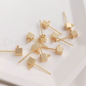 4-200 Pcs Cube Earring Post 14K Gold Plated Small Square Blank Stud Component with Loop for Earring Making (4mm with 925 Silver Pin)