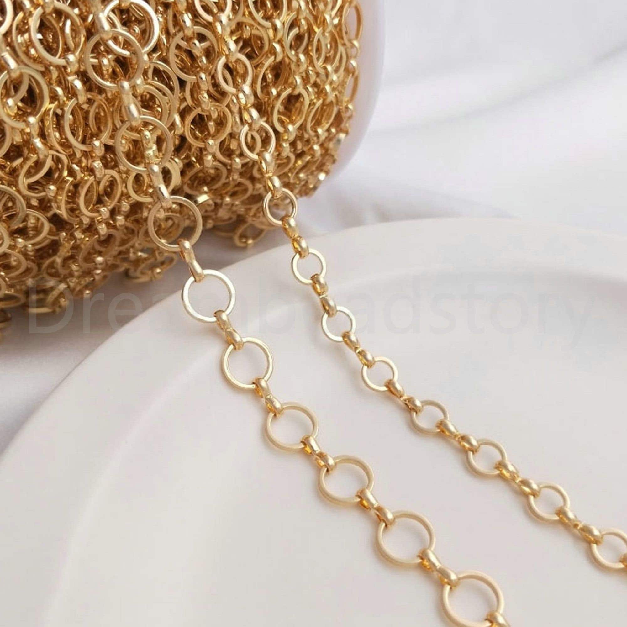0.5-50 Yards Gold Round Loop Chain, 14K Real Gold Plated Circle Ring ...