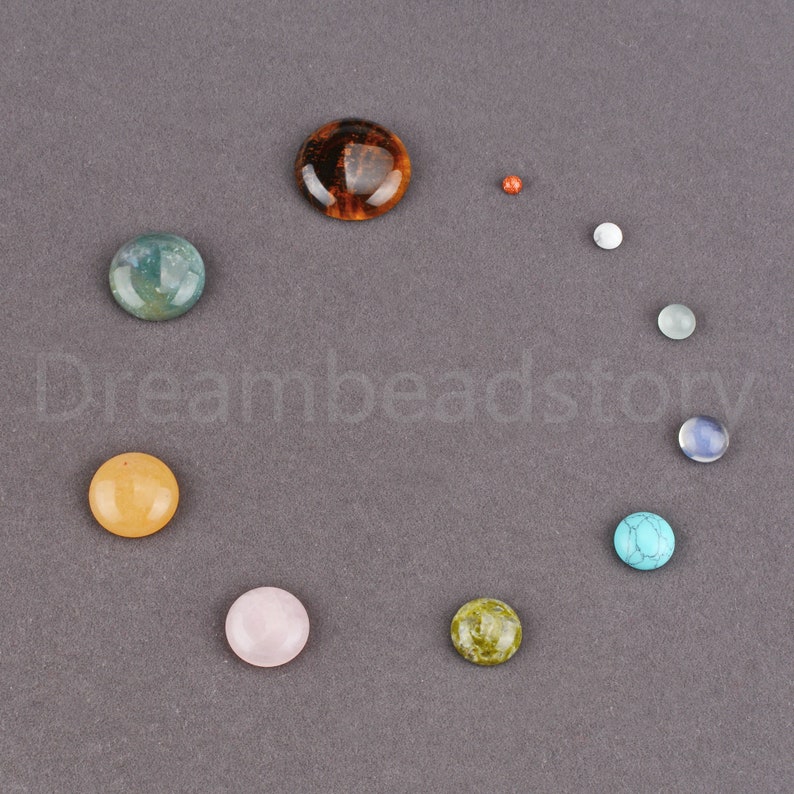 Lot de 20 cabochons de pierres précieuses naturelles de 4 à 25 mm pour la fabrication de bijoux, ronds de 4 mm, 6 mm, 8 mm, 10 mm, 12 mm, 14 mm, 16 mm, 18 mm, 20 mm, à dos plat, vente en gros sans trou image 3