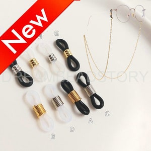 Silicone Loops Connector - Glasses Holder for Glasses Strap - Glasses Chain Holder Rubber Loops - White/ 18K Gold Plated Chain End