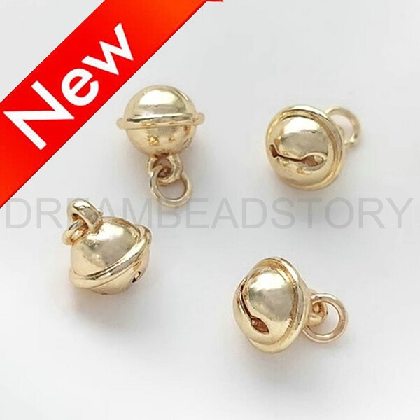 10-500 Pcs Bell Charm Pendant Lots Supply 14K Real Gold Plated Lucky Jingle Bells Charm Finding for Jewelry Making (8mm No Sound)