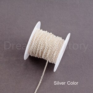 Peut inclure: Une bobine de cha&icirc;ne de couleur argent&eacute;e, enroul&eacute;e autour d'une bobine en plastique blanc. La cha&icirc;ne est de style d&eacute;licat &agrave; maillons fins.