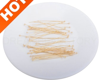 50-500Pcs Gold Headpins for Jewelry Making 14K Gold Plated Ball Head Pin/Flat Headpin/Eye Pins Finding 24 Gauge 20 30 40 50mm Lots Wholesale