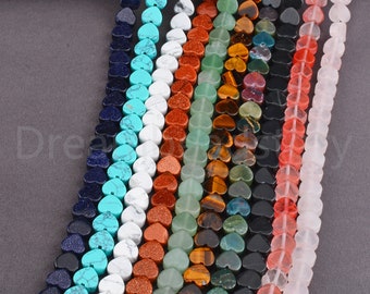 Flat Heart Beads Natural Tiger Eye/ Agate/ Howlite/ Rose Quartz/ Aventurine/ Imit Turquoise 10mm Heart Charm Gemstone One Strand Apx 38 Pcs