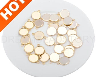 4-100 Pcs 14K Gold Plated Blank Cabochon Bezel Tray Base Settings Round/ Oval Connector Finding Supply (1/ 2 Loops)