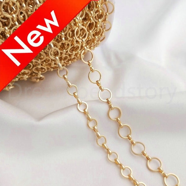 0.5-50 Yards Gold Round Loop Chain, 14K Real Gold Plated Circle Ring Link Connector Chains