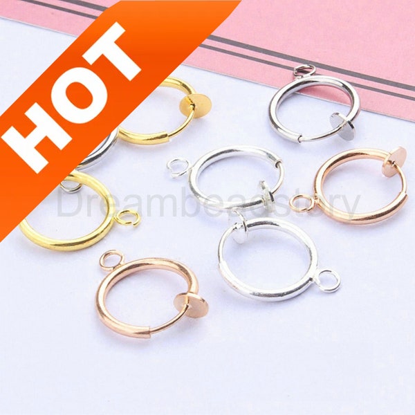 10-200 Pcs Non Pierced Invisible Clip On Earrings White Gold/ KC Gold/Gold/Silver Electroplated Brass 13mm No Piercing Hoop Earwire Ear Cuff