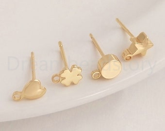 2-100 Pcs Lots Earring Post with Loop Finding for Earring Making 14K Gold Plated Heart/Star/Round/ Flower Charm Blank Base Setting