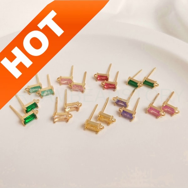 2-100 Pcs Rectangle Earring Post 14K Gold Plated Rhinestone White/Pink/Blue/Green/Purple Stud Finding with Closed Ring (925 Silver Pin)