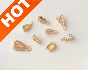 2-100 Pcs Rhinestone Pendant Bail Charms 14K Gold Plated Open Loop Pendant Clasp Connector Holder