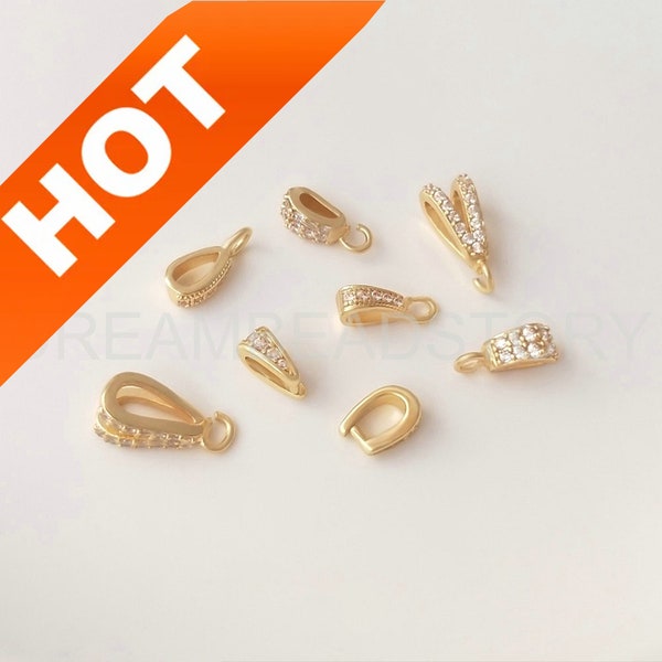 2-100 Pcs Rhinestone Pendant Bail Charms 14K Gold Plated Open Loop Pendant Clasp Connector Holder