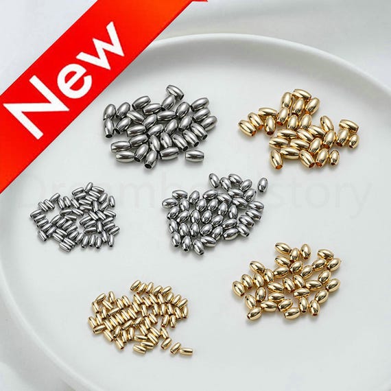 Stainless Steel Beads for Jewelry Making, Rice Spacer Beads Lots Supplies, 14K Real Gold Plated Steel Beads and Finding (Mini Size)