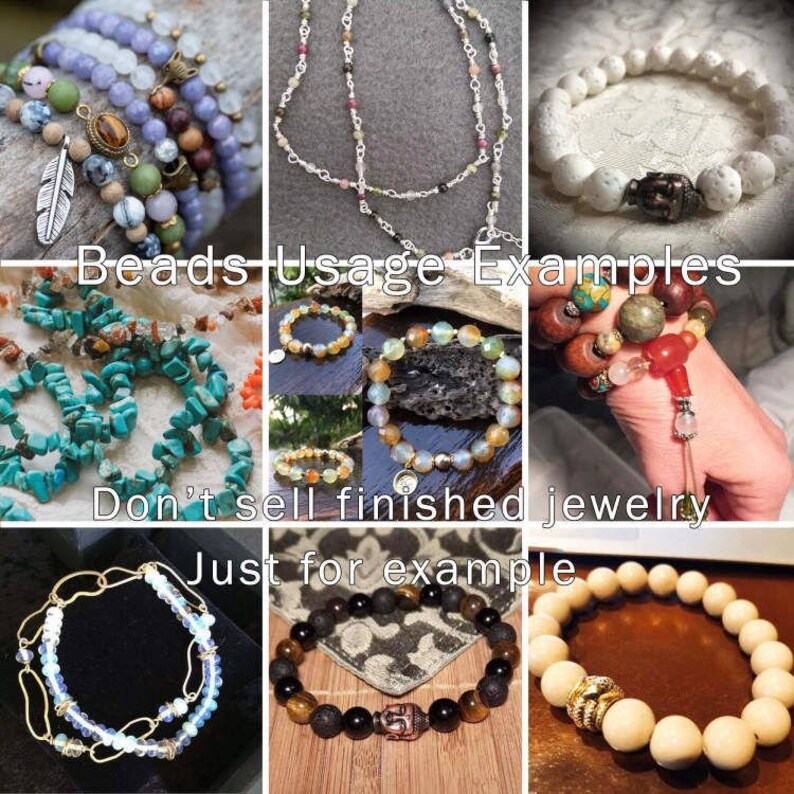 May include: A collage of images showing different ways to use beads for jewelry making. The images show various types of beads, including turquoise, lava rock, wood, and agate. The text "Beads Usage Examples" and "Don't sell finished jewelry Just for example" is visible in the collage.
