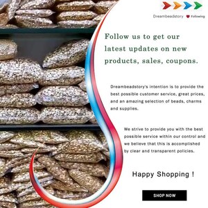 May include: A close-up image of a large quantity of gold-coloured metal jump rings in clear plastic bags. The bags are stacked on top of each other. The image is accompanied by text that reads "Dreambeadstory Following" and "Follow us to get our latest updates on new products, sales, coupons." The text also reads "Dreambeadstory's intention is to provide the best possible customer service, great prices, and an amazing selection of beads, charms and supplies." The text also reads "We strive to provide you with the best possible service within our control and we believe that this is accomplished by clear and transparent policies." The text also reads "Happy Shopping! SHOP NOW".