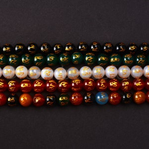Natural Carved Om Mani Padme Hum Meditation Beads for Yoga Mala Chakra Jewelry Making Natural Agate Gold Mantra Beads