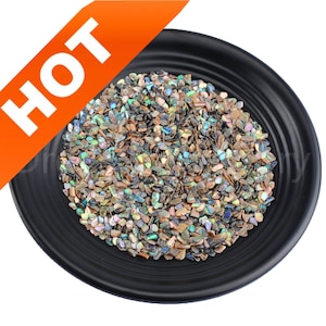 Könnte beinhalten: Eine schwarze Schale gefüllt mit irisierenden Abalone-Muschelstücken. Die Muschelstücke sind in verschiedenen Formen und Größen, mit einer Mischung aus braunen, grünen und blauen Farben.