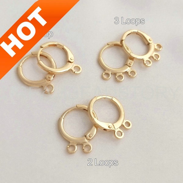 4-500 Pcs 14K Gold Plated Round Leverback Ear Wires Minimalist French Clip Hoop Earring Finding Component Supplies (1/2/3 Loops)