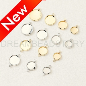Blank Pendant Tray Setting -Glue on Pad Round Cabochon Finding -14K Gold/White Gold Plated Brass Bezel Cups Base Connector for 8/10/12mm Cab