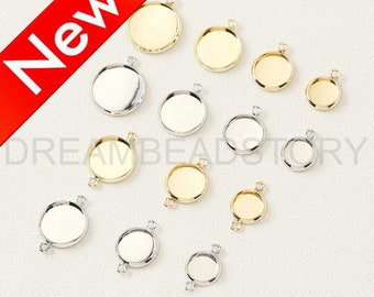 Blank Pendant Tray Setting - Glue on Pad Round Cabochon Finding - 14K Gold/White Gold Plated Brass Bezel Cups Connector for 8/10/12/14mm Cab