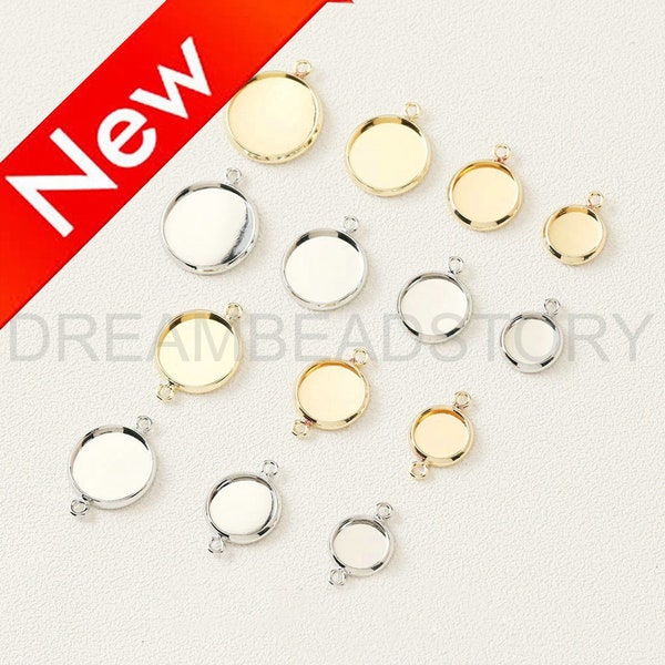 Blank Pendant Tray Setting - Glue on Pad Round Cabochon Finding - 14K Gold/White Gold Plated Brass Bezel Cups Connector for 8/10/12/14mm Cab