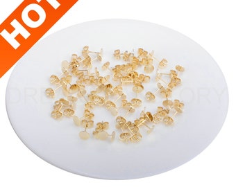 4-200 Pcs 14K Gold Plated Flat Pad Earring Studs Post 6/ 8/ 10mm Blank Flat Back Earring Cabochon Settings Glue On Posts(No/ w Loop)