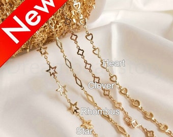 0.5-50 Yards Bulk Gold Chains, 14K Real Gold Plated Star/ Heart/ Flower / Rhombus Charm Chain for Jewelry Making Supplies