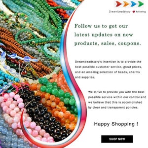 May include: A close-up image of a variety of colorful beads, including turquoise, green, pink, red, and brown. The beads are arranged in a circular pattern, creating a visually appealing display. The text "Dreambeadstory Following" and "Follow us to get our latest updates on new products, sales, coupons." is visible at the top of the image.