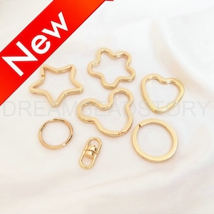 Key Chain Holder Supplies -14K Gold Plated Over Brass Key Ring - Circle/ Star/ Heart/ Mickey Charm Accessory for Bags /Car Key Ring