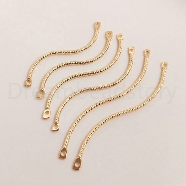 10-500 Pcs Twisted Bar Charms 14K Gold Plated Over Brass Texture S Shape Wavy Connector Finding for Jewelry Making (2 Loops)