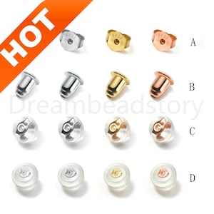 May include: Assortment of earring backs in silver, gold, and rose gold. The backs are made of metal and have a clear plastic insert. The backs are arranged in three rows of four, with each row representing a different color.