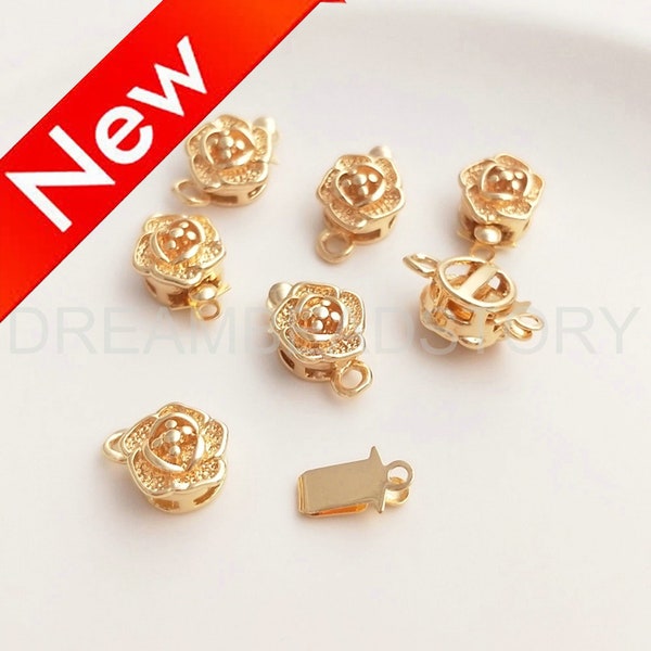 Rose Flower Box Clasp - 14K Gold Plated Over Brass Strand Push-in Pearl Clasp - Link Buckle Jewelry Closure