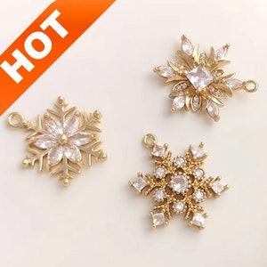 2-100 Pcs Charm for Jewelry Making 14K Gold Plated Brass and Rhinestone Snowflake Charms Lots Supplies (3 Sizes)