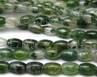 Perles d'agate de mousse, brins d'agate de mousse verte naturelle, perles de riz de pierres précieuses d'agate de paysage de 5 * 8 mm, perles de vert forêt pour la fabrication de bijoux