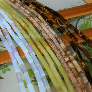 Long Tube Gemstone Beads, Natural Opal Quartz/ Lemon Jade/ Picture Jasper Thin Cylinder Connector Beads (WM93)