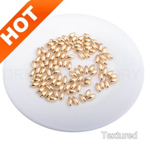 50-1000 Pcs 14K Gold Rice Spacer Beads, Real Gold Plated Smooth/ Corrugate Oval Metal Beads (3 Sizes)