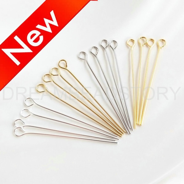 Eye Pins Lots Supplies - 14K/ 18K/ Silver/ White Gold Plated Brass Wire with Loop - (24 Gauge Eyepin 26/30/40mm Available)