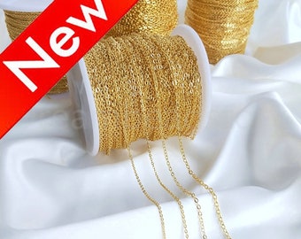 18K Gold Plated Chain for Necklace Bracelet Earring Making 1/1.3/1.6/2mm Thickness Link Rope Chain Finding (You choose length)