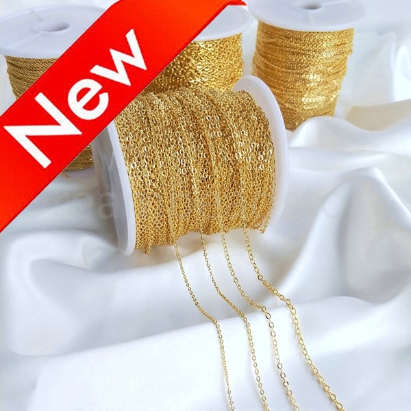 18K Gold Plated Chain for Necklace Bracelet Earring Making 1/1.3/1.6/2mm Thickness Link Rope Chain Finding (You choose length)