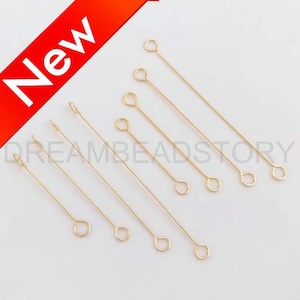 50-1000 Pcs Double Looped Eye Pin 14K Gold Plated Brass Eye Head Pin/ Two Eye Pins/ O Connector for Jewelry Making (28 Gauge 15/20/25/30mm)