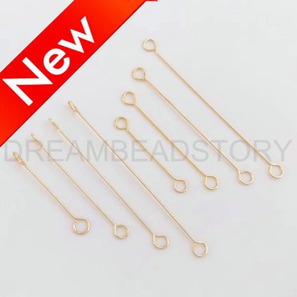 50-1000 Pcs Double Looped Eye Pin 14K Gold Plated Brass Eye Head Pin/ Two Eye Pins/ O Connector for Jewelry Making (28 Gauge 15/20/25/30mm)