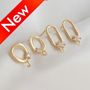 2-100 Pcs Earring Post Finding, 14K Real Gold Plated Oval Shape Charm Earring Componennt with Loop and Rhinestone (925 Silver Pin)