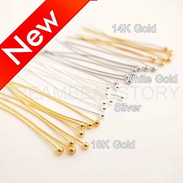 Ball Head Pin for Jewelry Making - 14K/ 18K/ Silver/ White Gold Plated Brass Needle Finding (24 Gauge 25/30/40mm Available, Ball is 1.7mm)